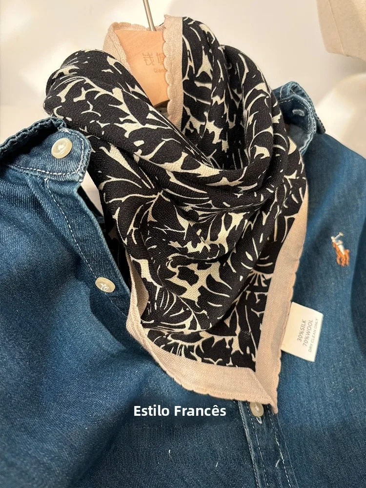 elegant-artistic-vintage-silk-wool-scarf-women's-winter-luxury-diamond-pattern-triangular-versatile-neck-warmer-scarf