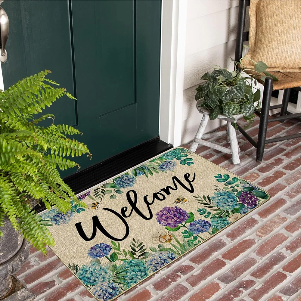 2D Flat-1pc Floral Welcome Door Mat , Suitable for entrance, kitchen, living room, rectangular carpet decoration.