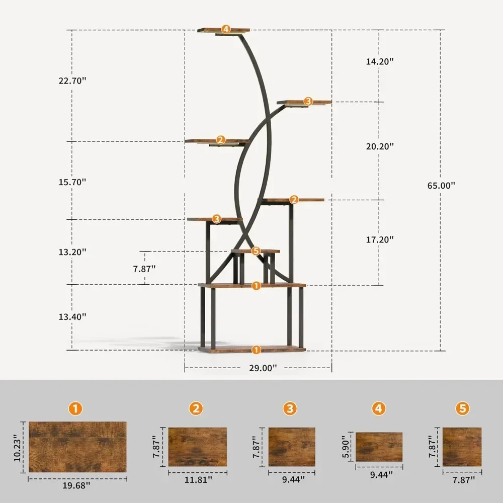 Suporte de planta com Grow Light, Prateleira alta de 8 camadas para plantas de interior, Várias prateleiras grandes, 65"