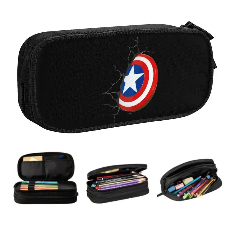 Custom Kawaii Captain America Shield Pencil Cases for Girls Boys Superhero Large Storage Pen Bag Box School Accessories