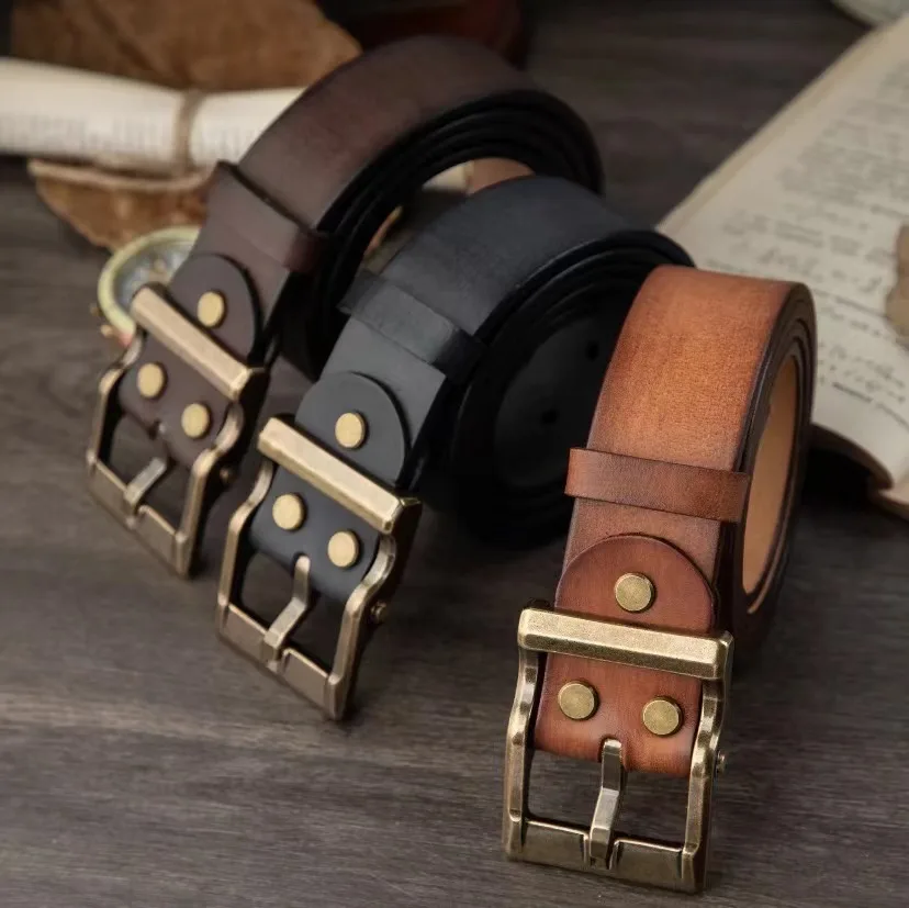 Мужской винтажный брючный ремень из воловьей кожи с латунной пряжкой и верхним слоем