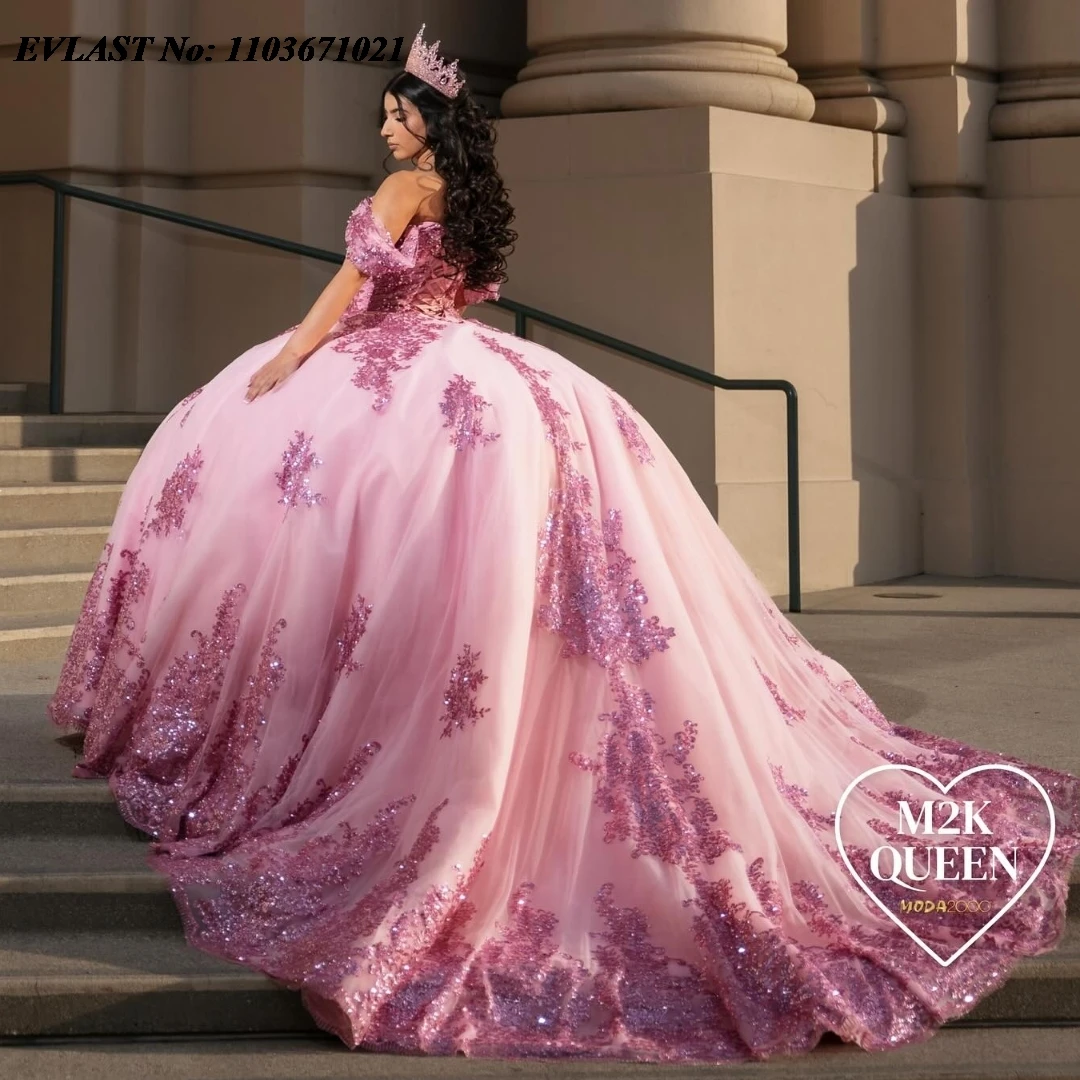 EVLAST personalizado Rosa vestido para quinceañeras sin hombros rebordear apliques De encaje brillante dulce 16 Vestidos mexicanos De 15 Anos SQ423