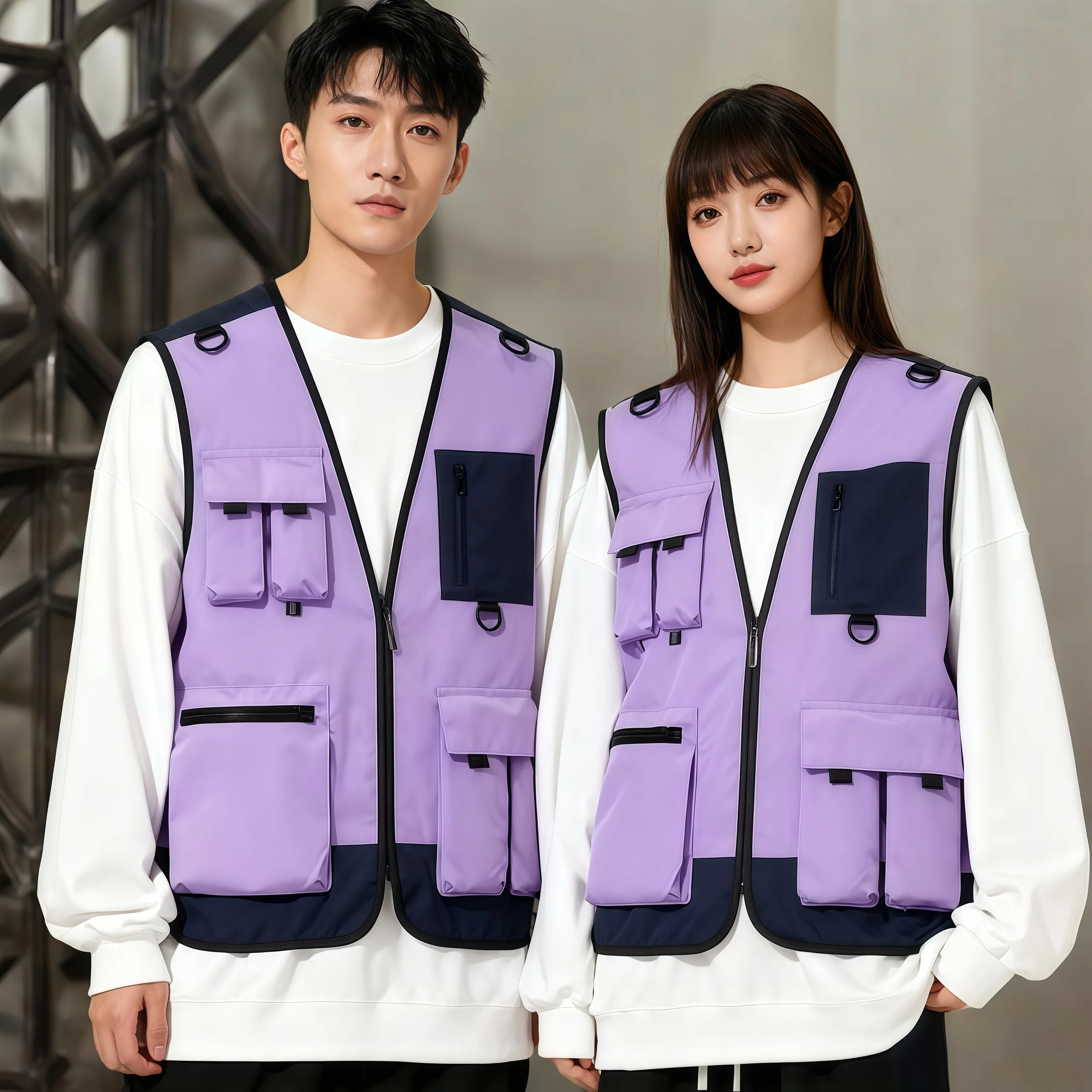 Outdoor photography vest workman's jacket 2026 Spring Summer V-neck multi-pocket team work jacket custom  logo printed