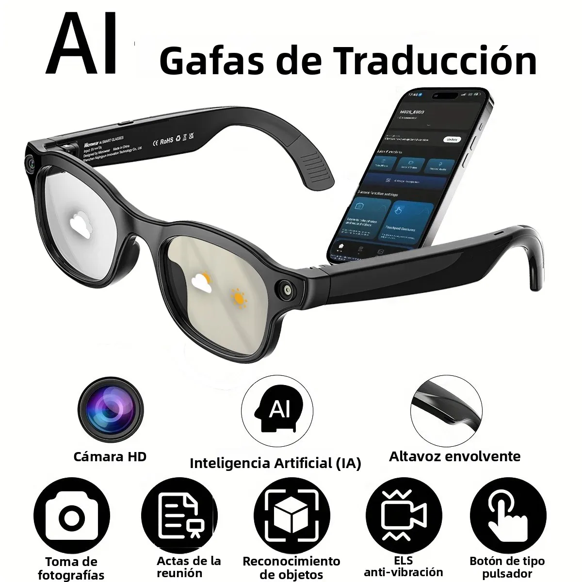 Gafas Inteligentes HD con IA de 800W y Cámara, Grabación de Video HD 1080P, Asistente de IA, Traducción en Tiempo Real, con Lentes que Cambian de Color