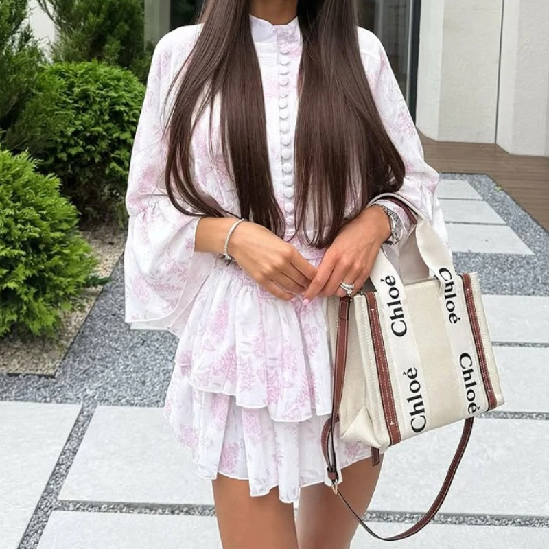 짧은 프린트 드레스 여성용 2026 신상 작은 스탠드 칼라, 나팔 소매, 싱글 브레스티드 레이스업 A라인 스커트