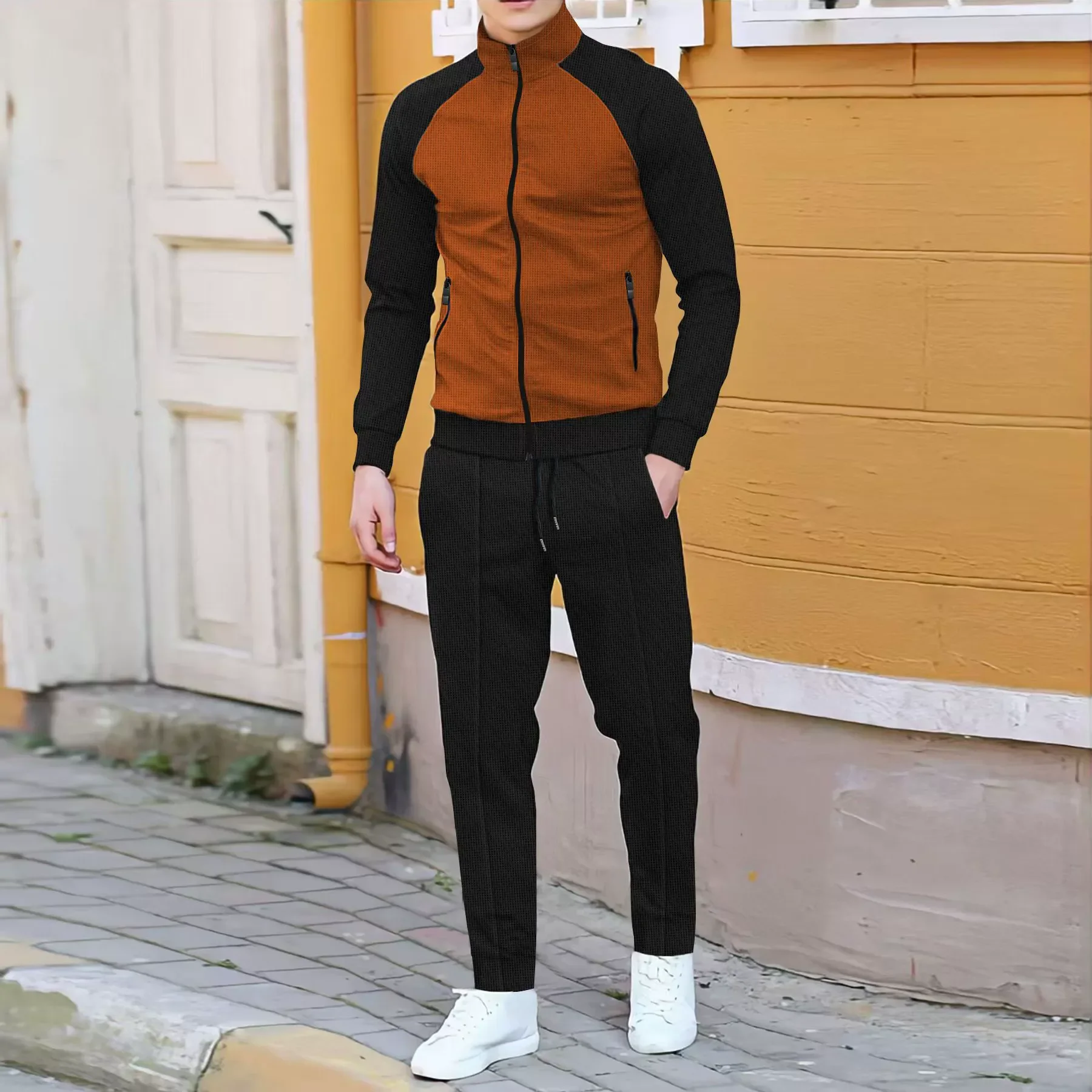 

LIBIELIY Spring Autumn Casual Sets Men New Fashion Contrasting Color Raglan Sleeves Stand Collar Tops+ Trousers Casual Jogger Sp
