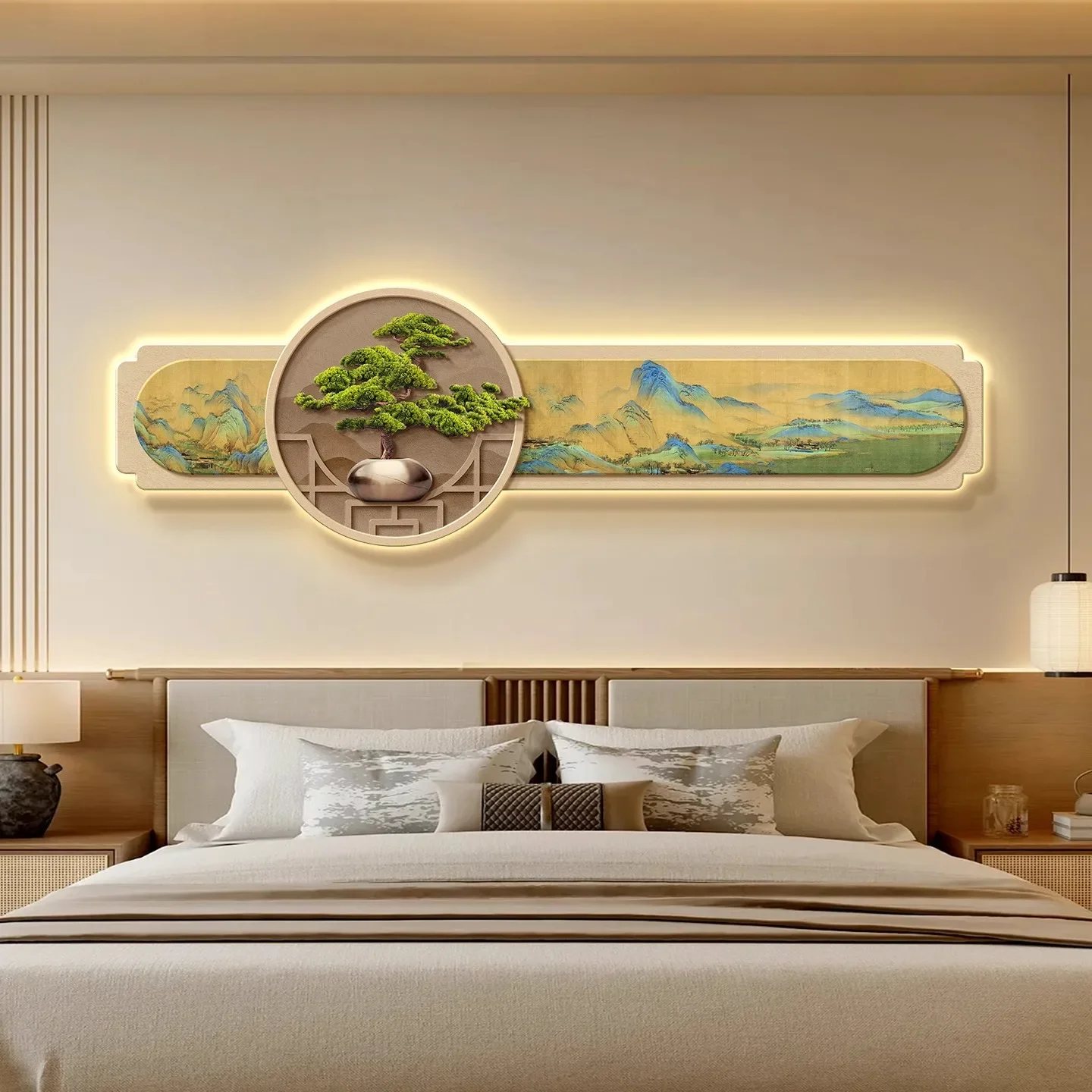 New Chinese-style Illuminated Headboard In The Song Dynasty Aesthetic Bedroom, Master Bedroom Background Wall, Room Wall Lamp