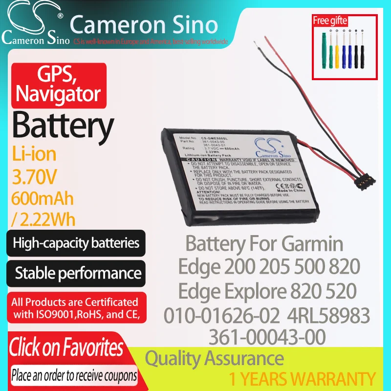 CameronSino Battery for Garmin Edge 200 205 500 520 820 Explore 820 010-01626-02 fits Garmin 361-00043-00 GPS, Navigato battery