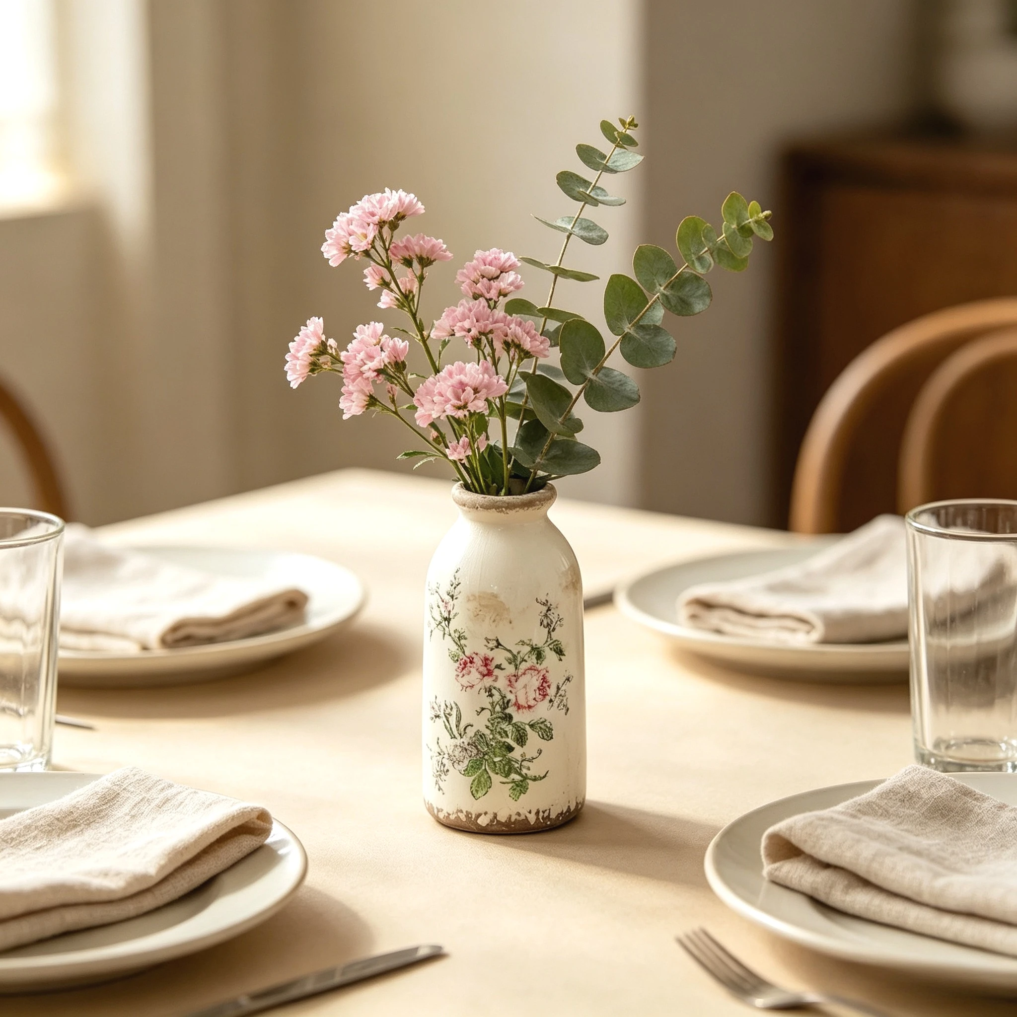Nordische Vintage Weiße Keramik-Blumenvase Rustikaler Blumendruck Milchflaschen-Vase Distressed Crackle Tischdekoration Wohnzimmer-Deko Blumenarrangement Skizzier-Requisite für Frische und Getrocknete