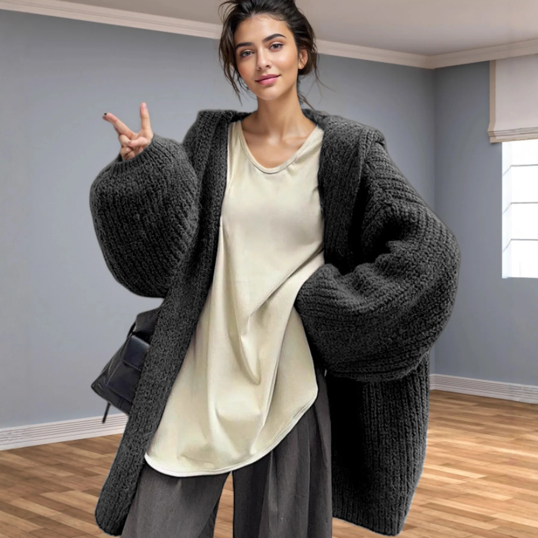 

For Autumn Winter New Fashion Women's Versatile Cardigan Mid-Length Solid Color Knitwear Hoodie 2025 European American Style