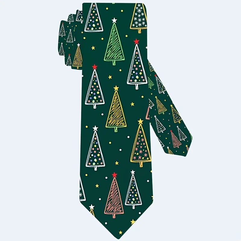 1pc, Trendy Mens Dress Tie with Hand Drawn Christmas Tree Pattern, Fashion Printed Dress Tie for Christmas Holiday Party