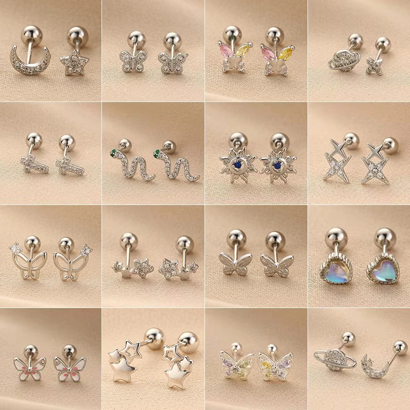 Silver Color Astronaut Helix Ear Piercing Stud Earrings for Women Mini Zircon Star Moon Tragus Cartilage Piercing Jewelry Gift view 2