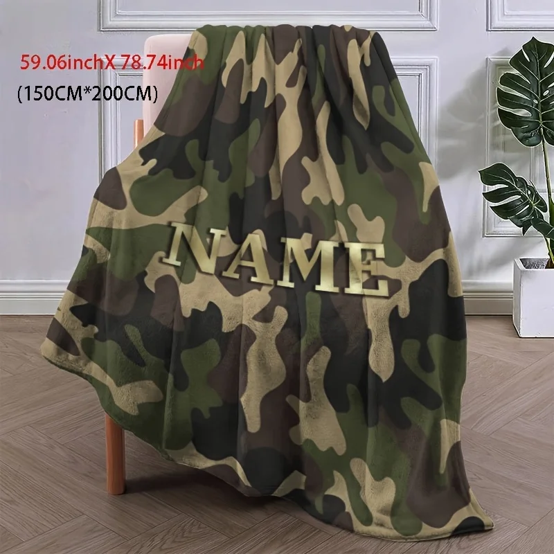 Personalized Custom Name Camouflage Pattern Flannel Blanket All-Season Ideal for Military Enthusiast for Sofa Bed Camping Travel