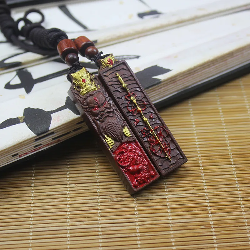 Snqp Thunderstruck Jujube Wood Gilded Cinnabar Wang Lingguan Long Pendant Hand Carved Chinese Lucky Amulet Blessing Wealth Fortu