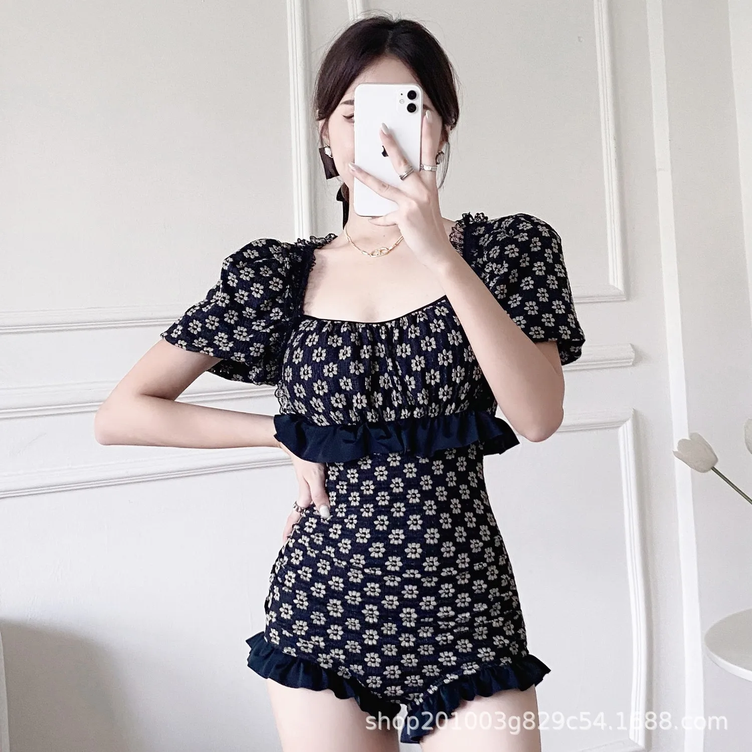 New Hot Selling One-piece Swimsuit Female Sexy Square Neck Conservative Pure Lust Black Slim Korean Lace Cute Student Swimsuit