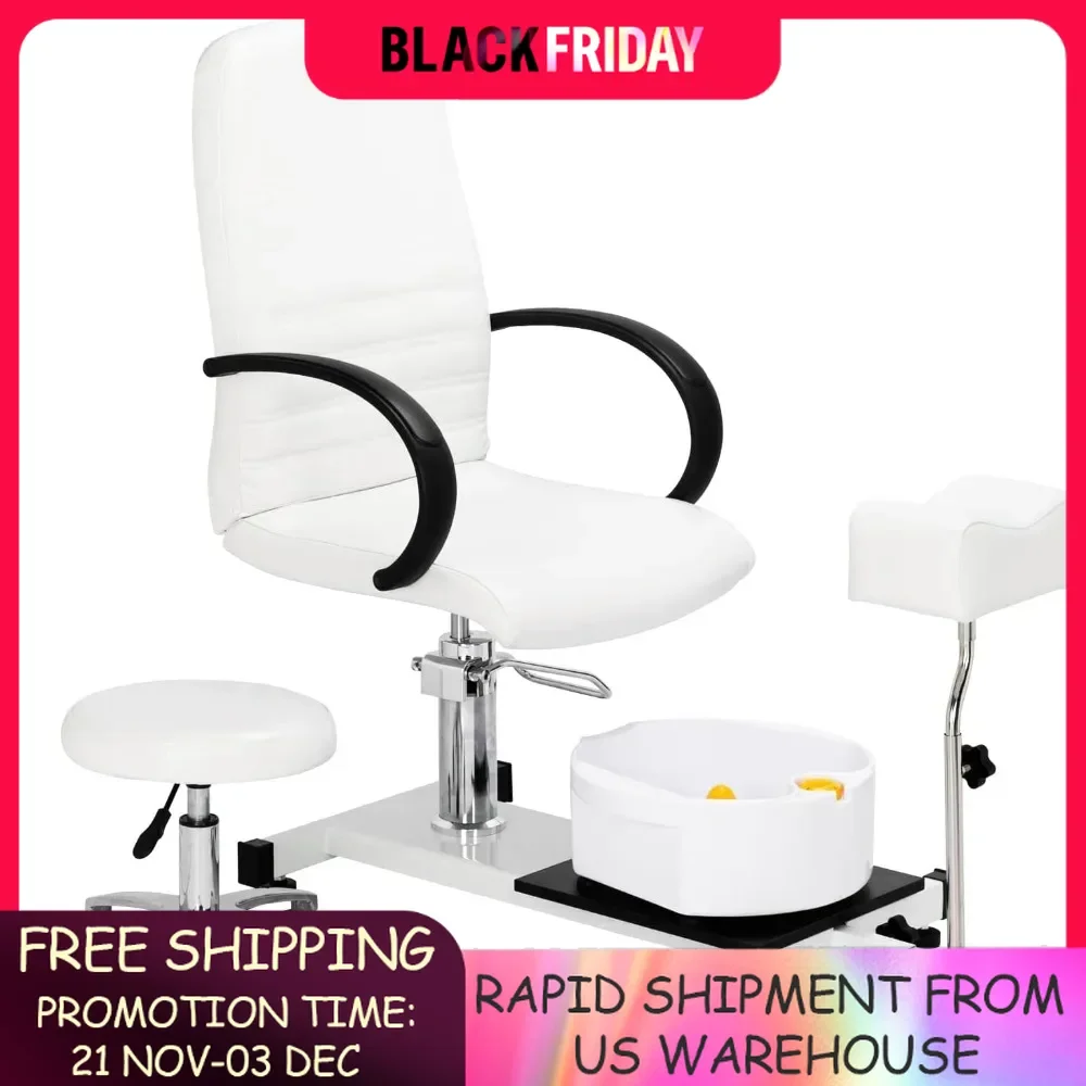 Pedicure Chair White with Stool & Bubble Massage Foot Bath, Hydraulic Pedi Chair for Nail Tech, Beauty Spa Salon Pedicure Chairs