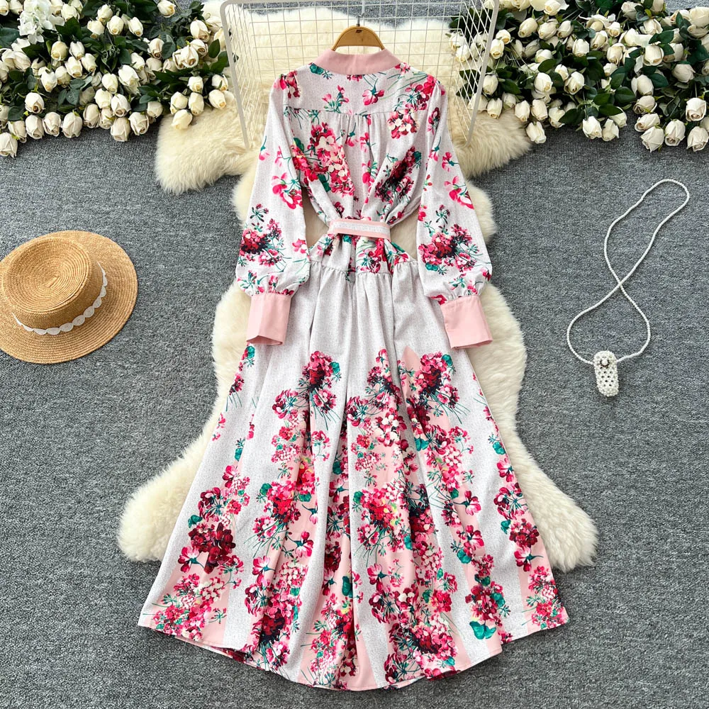 Elegant ฤดูใบไม้ร่วงแขนยาว Maxi ชุดเสื้อผู้หญิงเดี่ยวหลวมขนาดใหญ่ชุดดอกไม้หญิงสาย Casual Vestidos