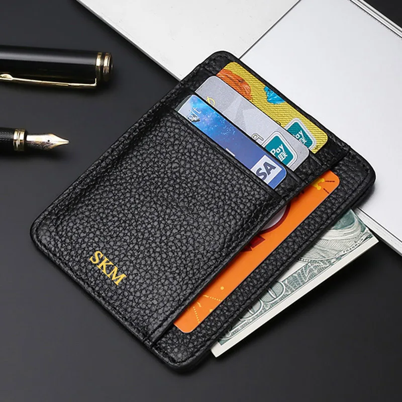 Custom Initials Fashion Women Genuine Leather Credit Card Holder Pebble Grain Card Cover Short Coin Purse Slim Small Card Case