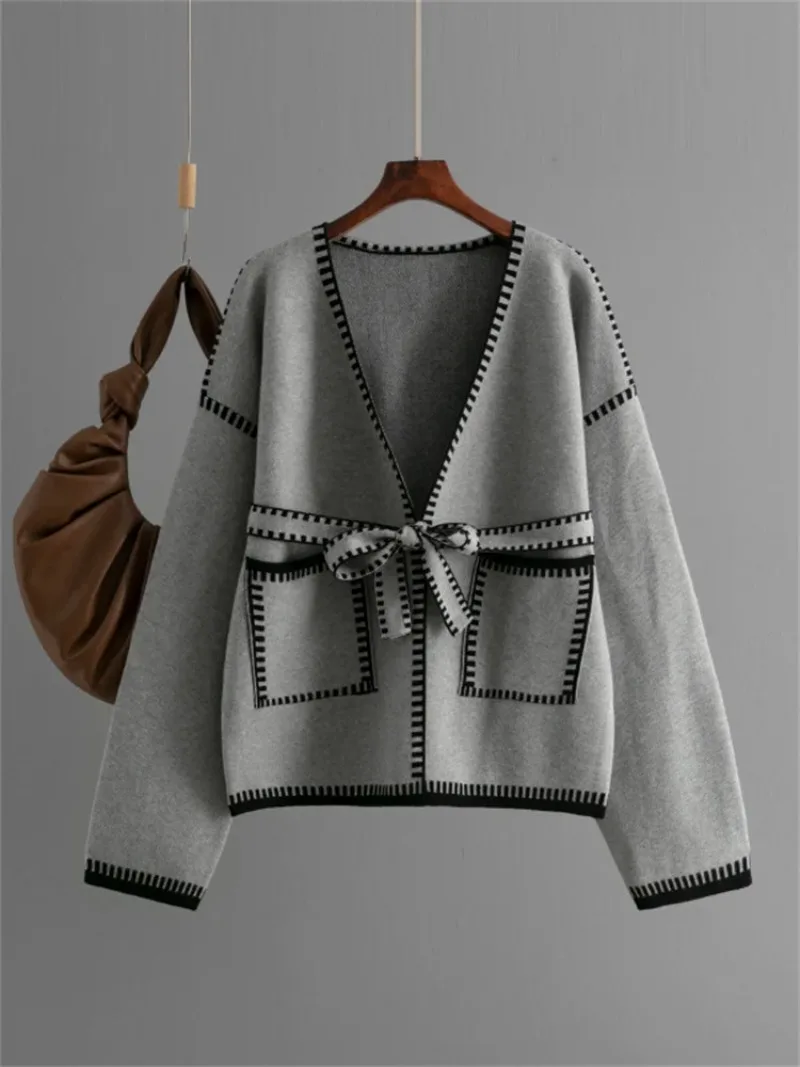 

Knitted cardigan women's lace up waist pocket style long sleeved loose casual fashion outfit