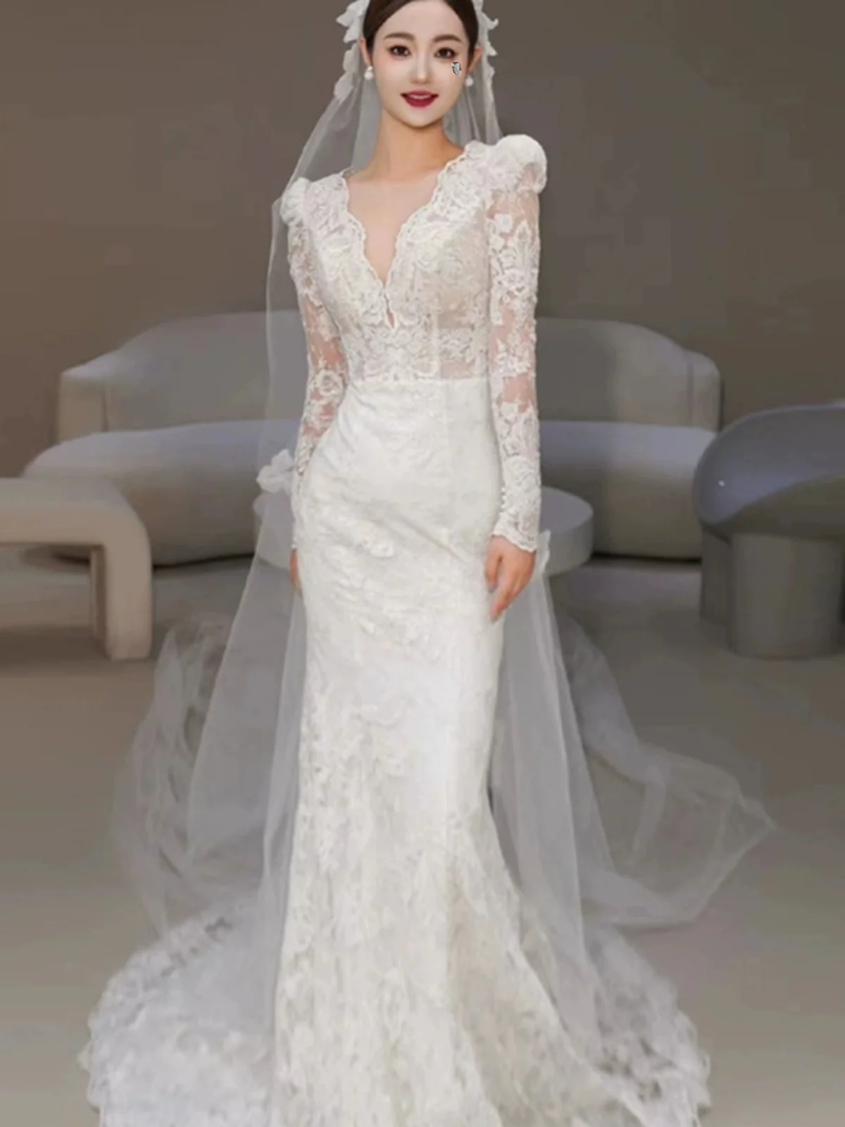 

Ele Long Sve Lace Bridal Gown Fi Tail Dr Spring Autumn out Door Wedding Dr Simple Forest System for Brides