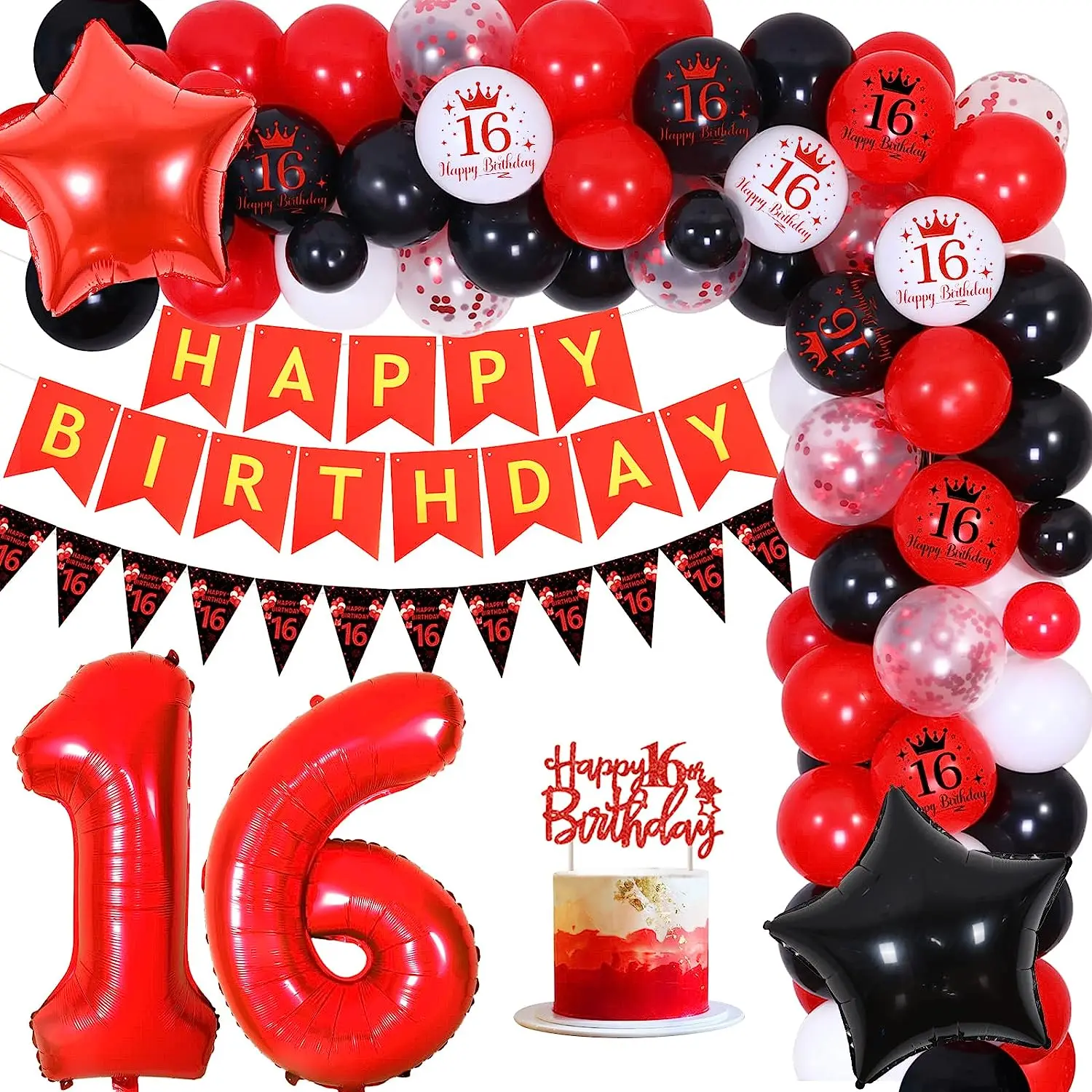 

Birthday Decorations for Boys and Girls, Balloon Garland Kit with Bunting Banner, Happy 16 Years Old Party Supplies, Red and Bla