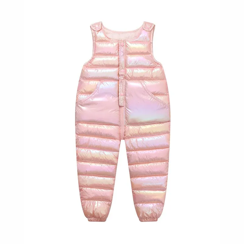 Letter Print Smooth Fabric Jumpsuit Winter Warm Overalls Pants Girls Boys Thick Down Windproof Snow Cotton Pant Children Clothes