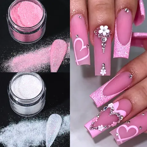 6pcs Sugar Nail Glitter Powder Set Pink White Shimmer Sparkly Iridescent DIY Charm 3D Decor Flash Y2K Sequin Manicure Paillettes
