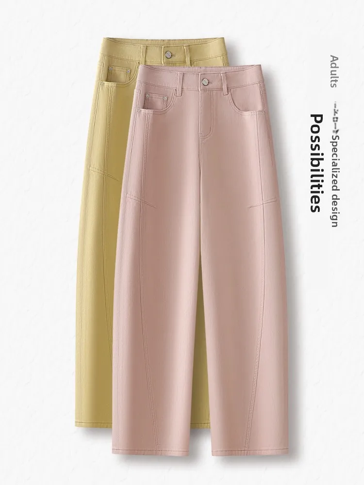 

Розовые джинсы-бананы с высокой талией для женщин, повседневные, прямые, из денима, весна-осень, новый стиль, популярные широкие брюки-«ножи»