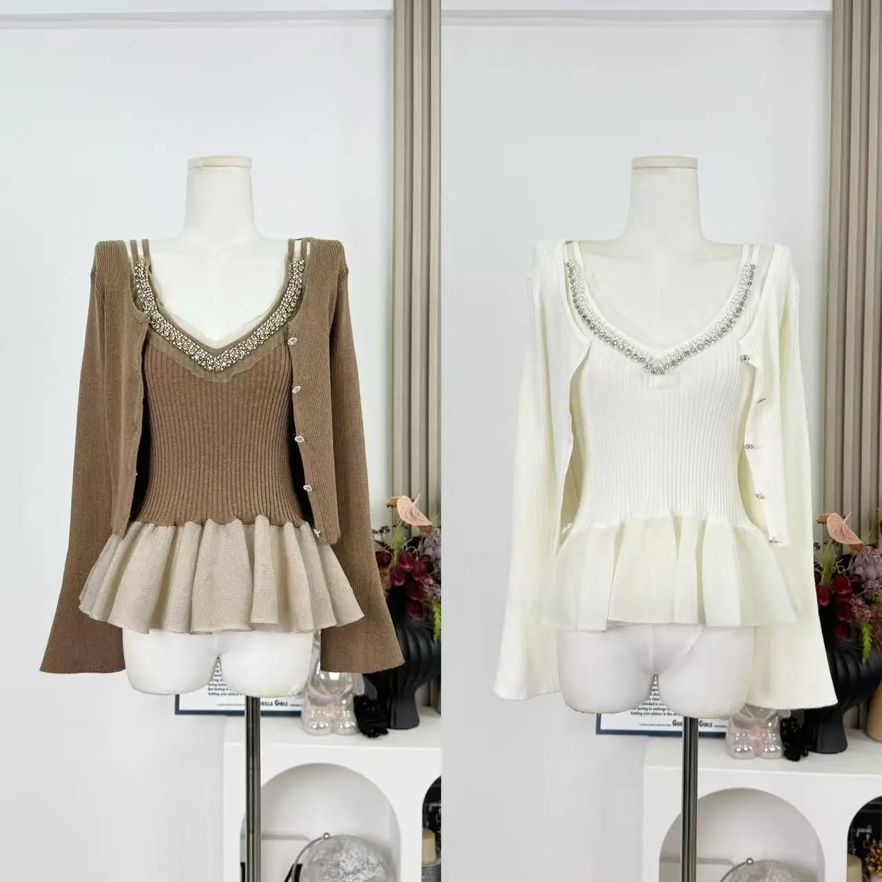 

Осень-зима 2022, французский жилет с v-образным вырезом и бисером, топы и шерстяной вязаный кардиган, женский комплект из двух предметов, F289