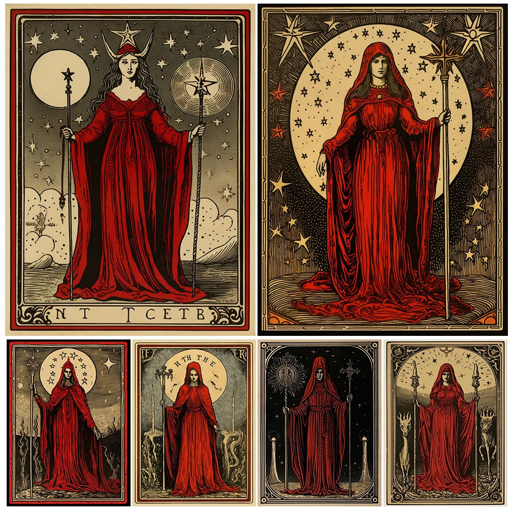 Red Robed High Priest Abstract Vintage Wall Art Canvas Painting Mysterious Astrology Witch Gothic Art Poster Print Home Decor