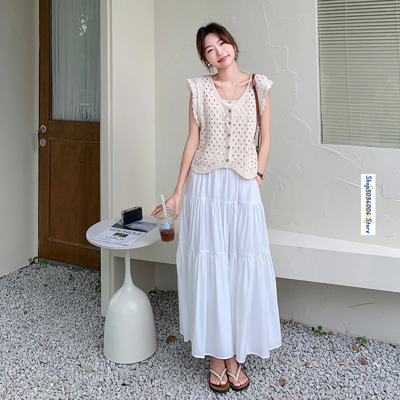 Hollow Hook Flower Sleeveless Vest Cardigan Tops White A-line Long Skirt Two Piece Sets Womens Outfits 2024 Summer Elegant 0008