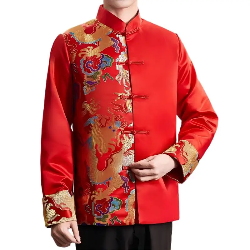 Traditional Chinese Style Men Red Wedding Coat Stand Collar Satin Tunic Suit Jacket Golden Dragon Jacquard Bridegroom Coat Loose