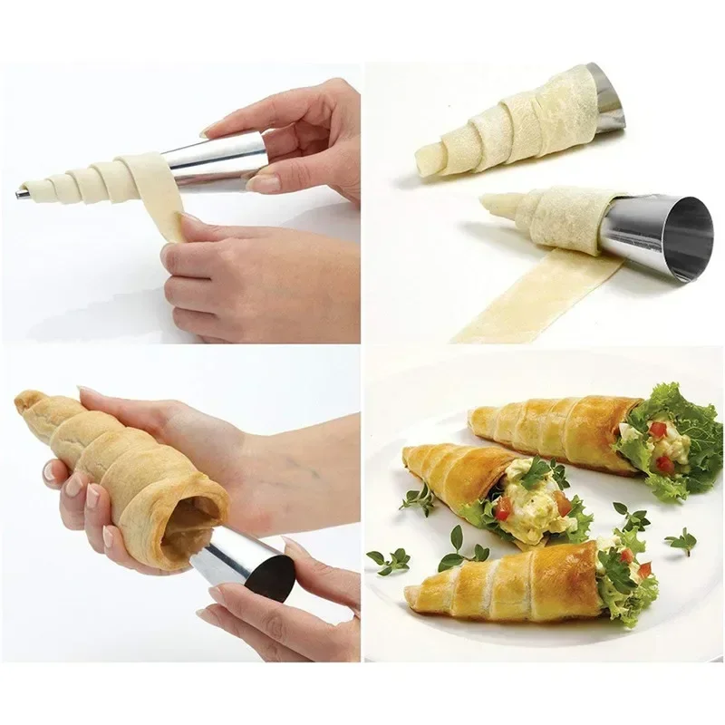 Molde de cuerno de crema cónico espiral Croissant pastelería, herramienta para hornear de cocina