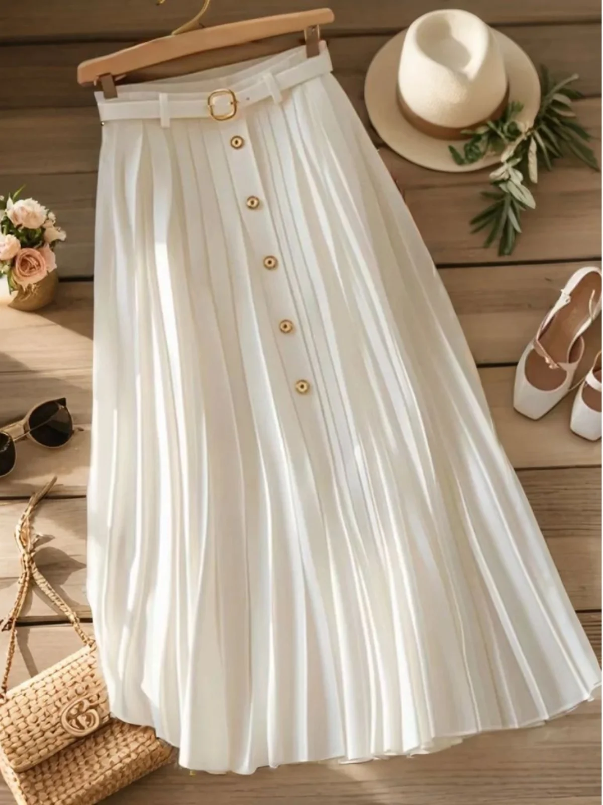 

High Waist Pleated Skirt with Button Decoration White Ele Long Skirt Street Sle Polyester Fabric A-Line Silhouette