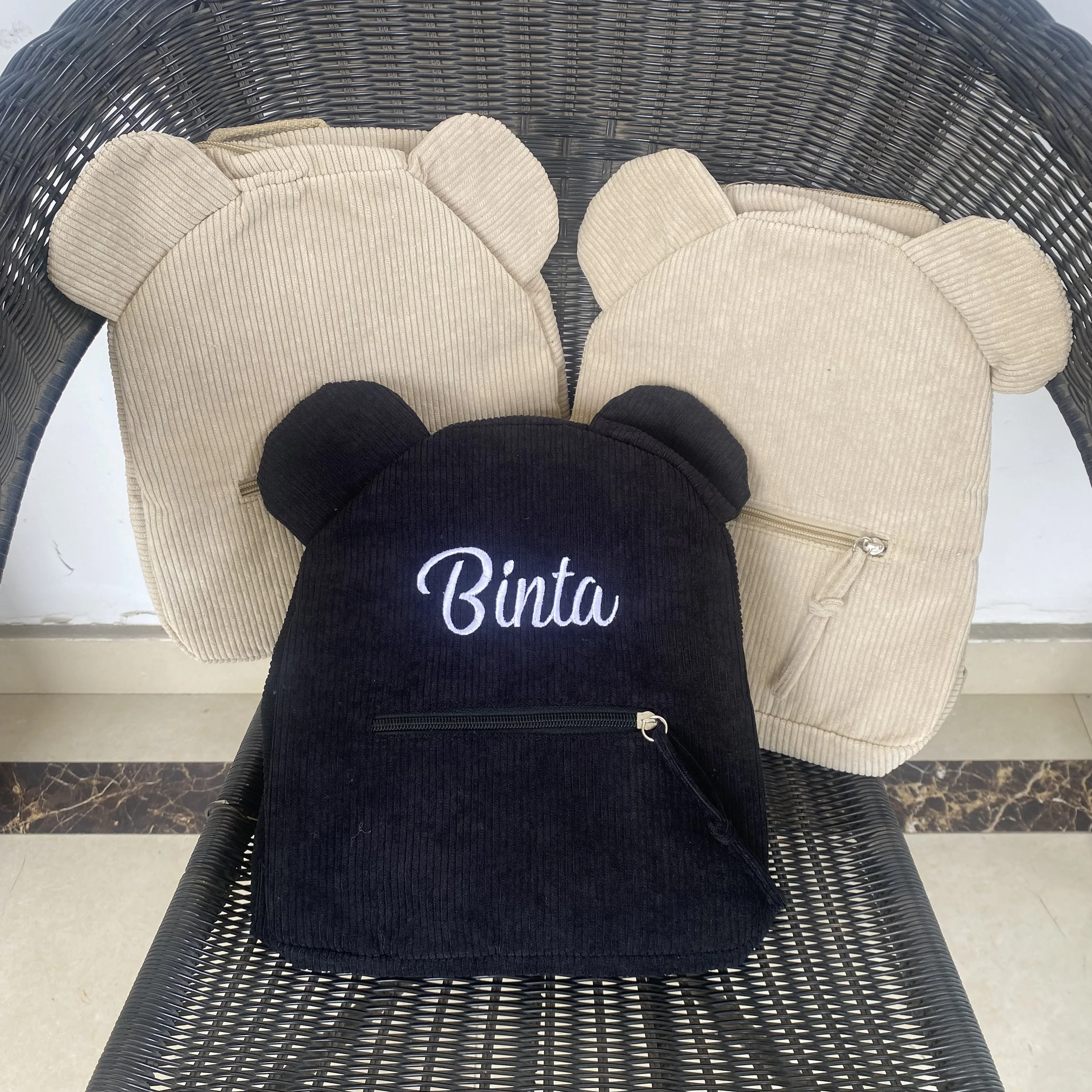 Sac à dos ours en velours côtelé personnalisé, sac brodé avec nom personnalisé, cadeau d'anniversaire pour bébé fille, mignon