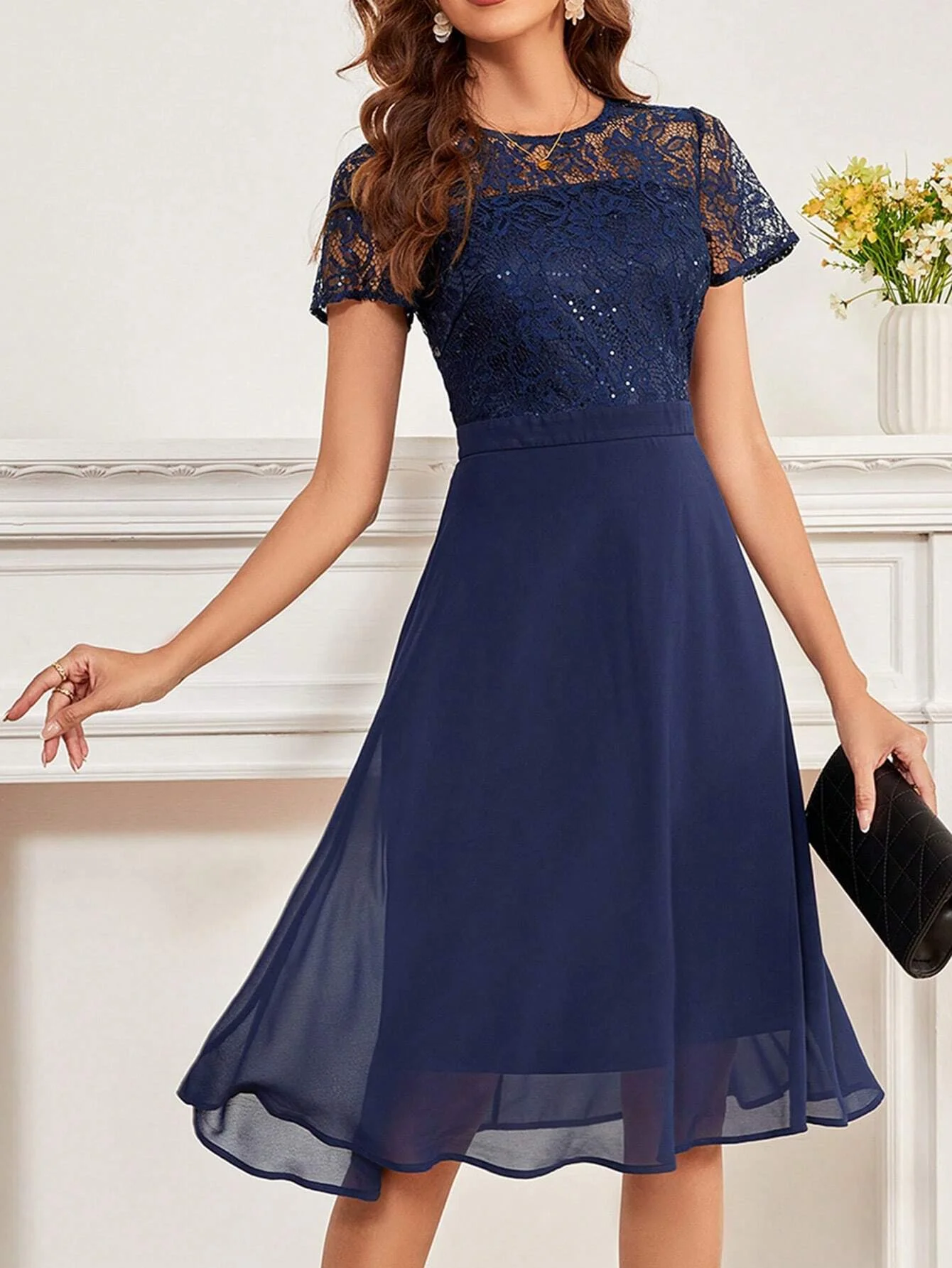 

Fashion Elegant Women's Lace Sparkling Sequins Splicing Chiffon Evening Dresses Semi-Formal Dresses