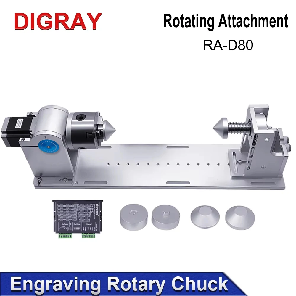 DIGRAY RA-D80A Rotary Axis CNC Laser Marking Engraving Machine 3 Jaw Worktable with Activity Tailstock Indexing Head for Precisi