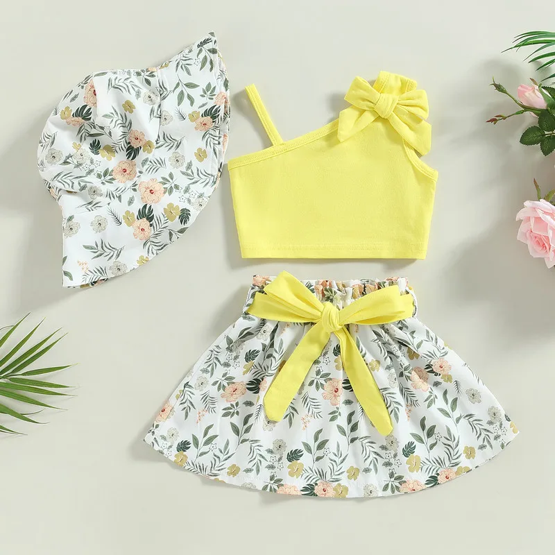 Conjunto de saia floral e chapéu de sol para bebês, regatas sem mangas, roupa elástica, roupa casual, criança infantil, verão