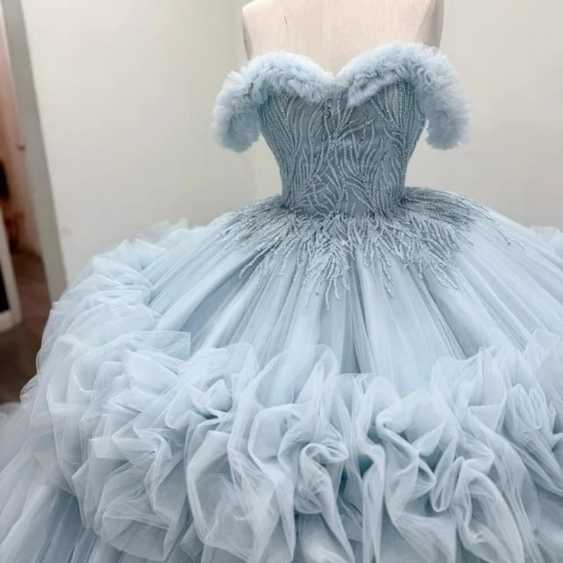 

aqua blue Quinceanera Dress off-shoulder Lace layering crystal glitter decal vestidos de 15 Quinceanera ﻿Customized