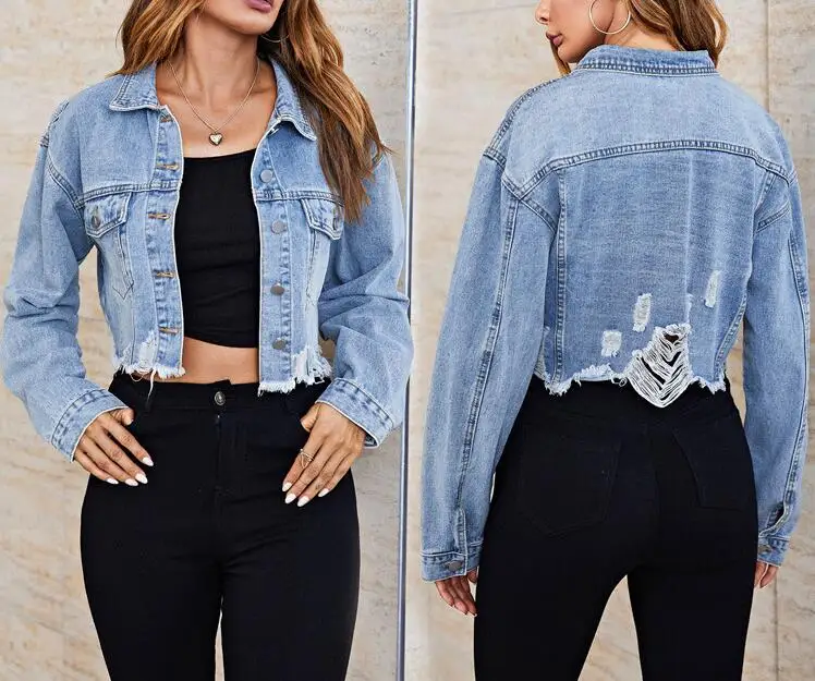 

Denim Jacket With Holes Women Street Styles Short Frayed Jean Jackets