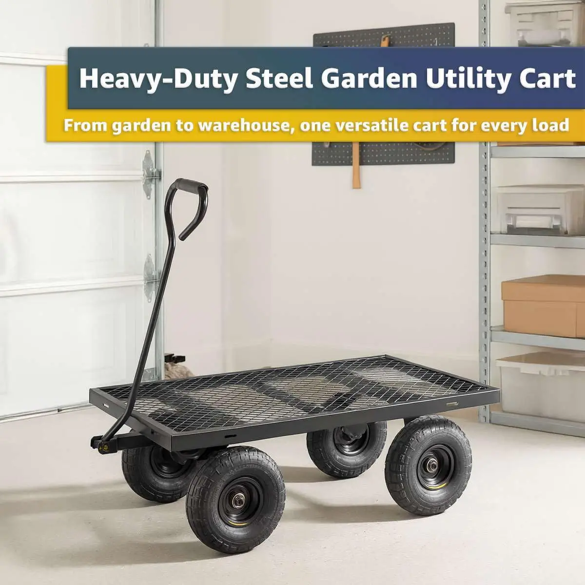 Steel Garden Cart, Mesh Wagon with Removable Sides & Flatbed, 42.5