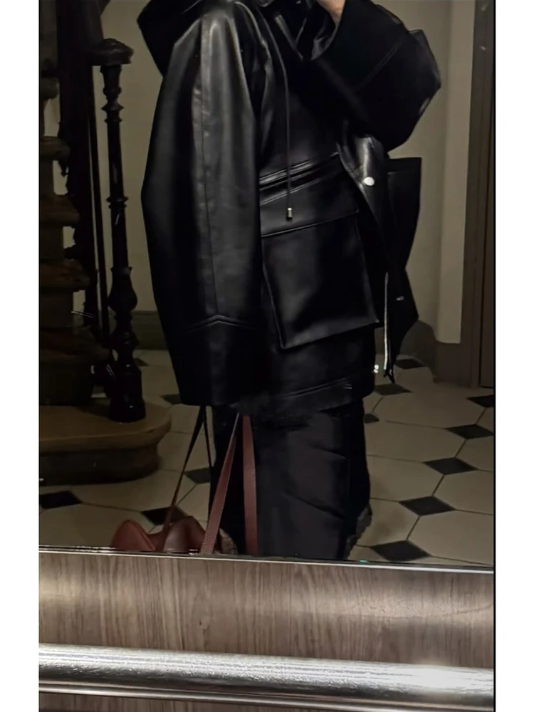   فضفاضة تناسب المرأة السائق Sle Jaet مع غطاء محرك السيارة انفصال معطف جلد خمر Faion طويل Sve منتصف طول سستة