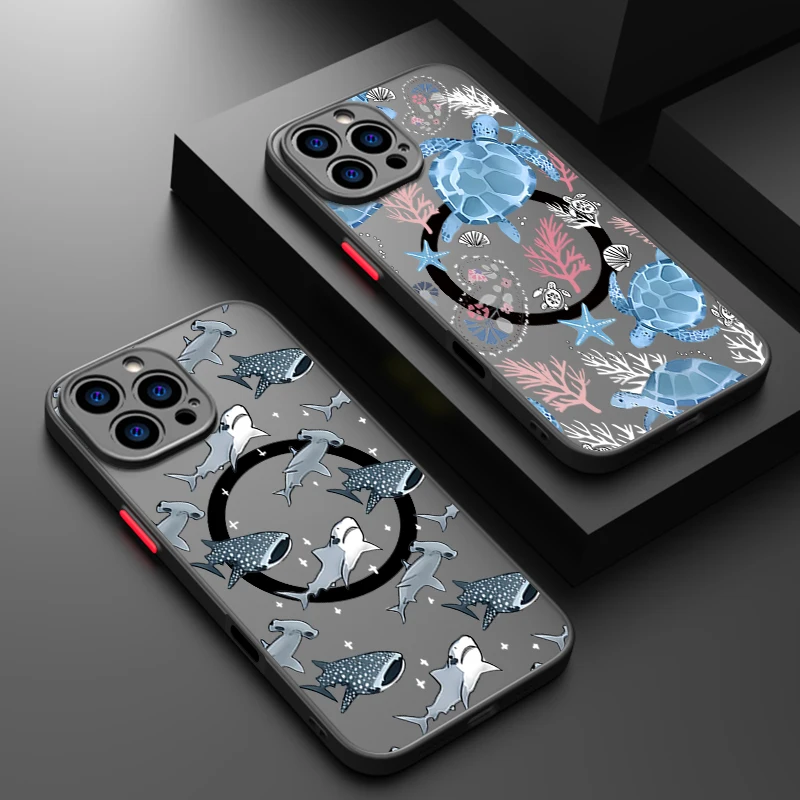 Cartoon Shell Shark Magnetische Telefon Fall Für iPhone 17 Pro Air 16e 15 14 Pro Max 13 12 Pro 11 16 15 Plus Weiche Rand Acryl Abdeckung