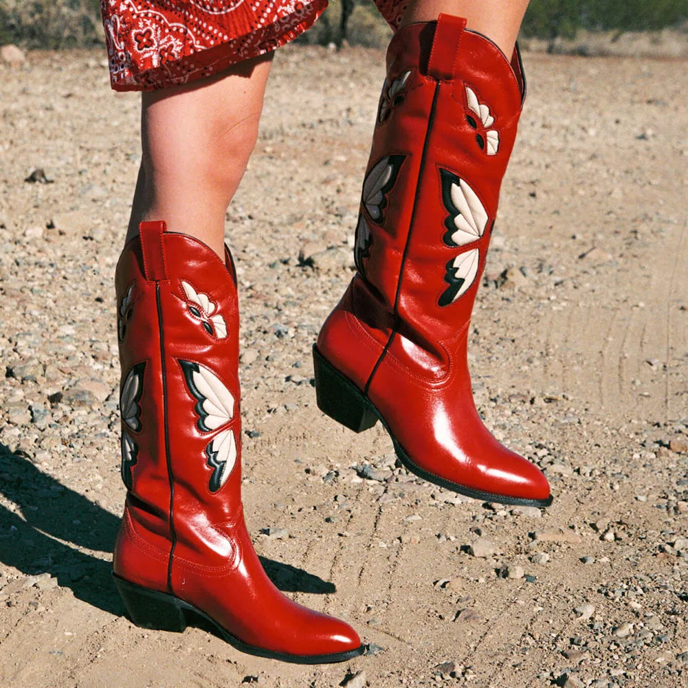 Women's Patent Leather Embroidered Butterfly Cowboy Boots Pointed Toe Block Heel Western Boots Vintage Music Festival Daily Wear