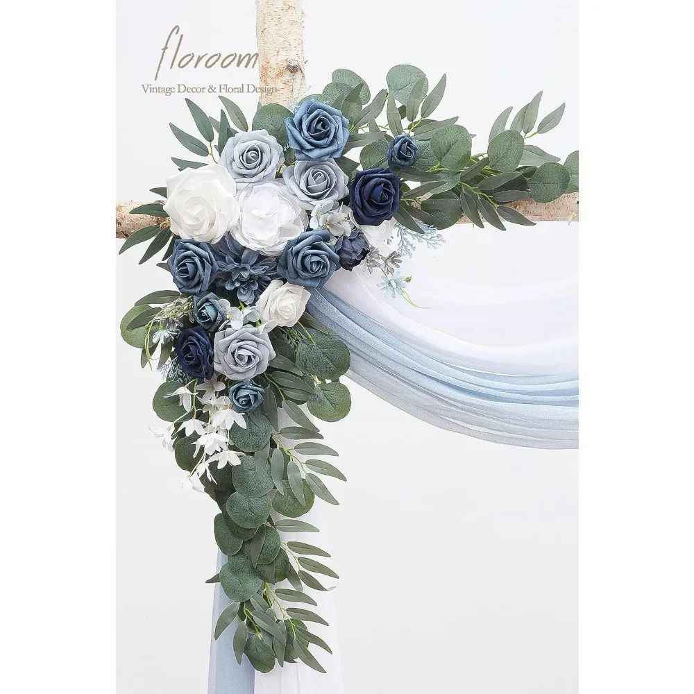 Arch Flowers with Drapes Kit - 2pcs Artificial Dusty Blue & Navy Blue Floral Swag Arrangement with 2pcs Draping Fabric