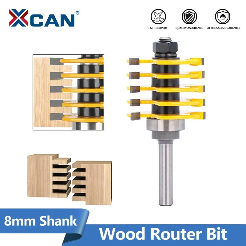 XCAN Milling Cutter 8mm Shank Rail Reversible Finger Joint 3 Flute Tenon Cutter Adjustable Router Bit Glue Router Bit 