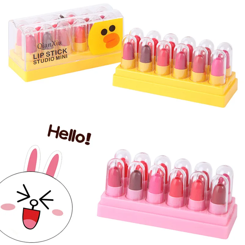 Mini lápiz labial mate de dibujos animados para mujer, 12 piezas, resistente al agua, de larga duración, portátil, productos de maquillaje