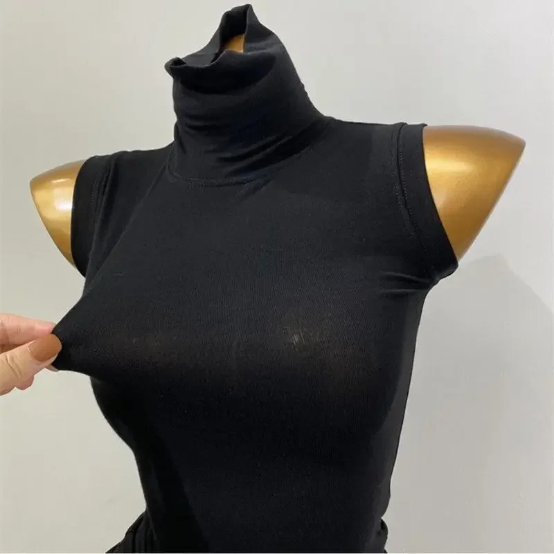 Damen Tanktop mit hohem Kragen, ärmellos, figurbetont, dehnbar, durchscheinend, atmungsaktiv, leicht, Coquette Y2K, lässig, Party, Layering, Basisschicht – Detail 5