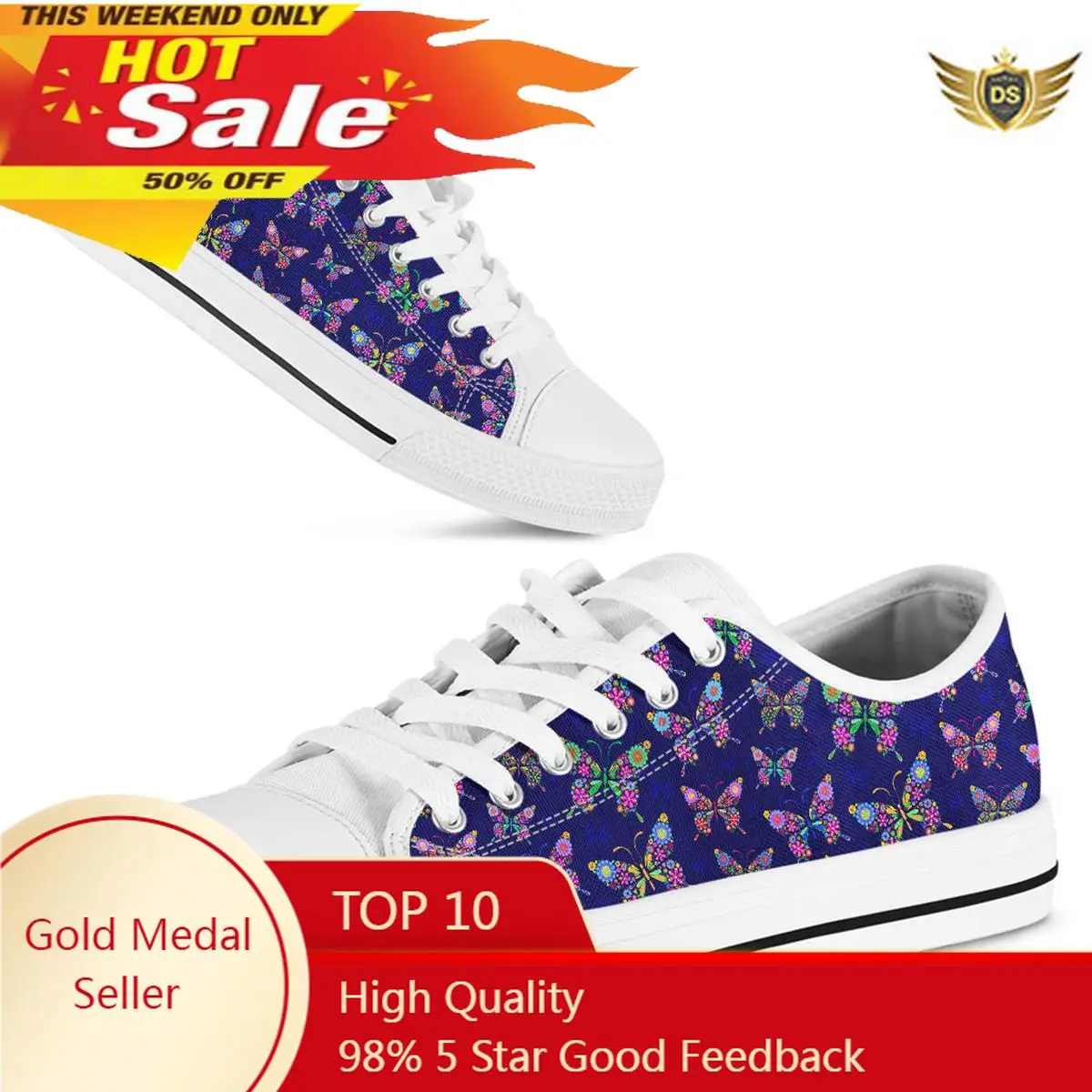 

Vulcanized Sneakers WWomen New Fashion Low Top Canvas Shoes Lace Up Flats Dark Blue Butterfly Pattern