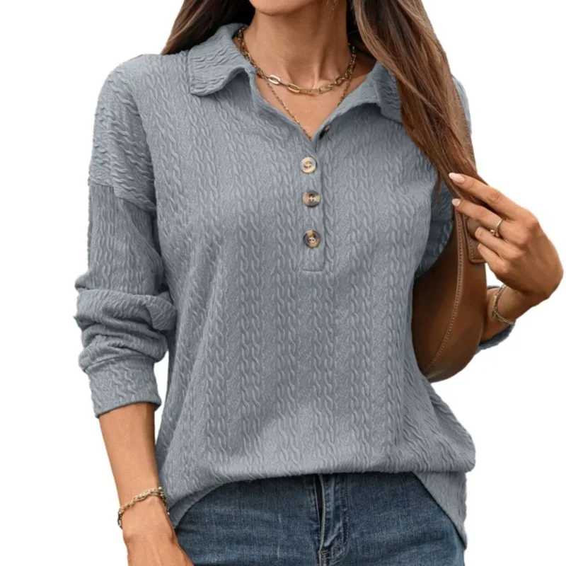 New Autumn Fashion Women's Turn-Down Collar Long Sleeve Tops Buttoned Top Loose Sweatshirt Solid Color Jacquard Lapel Pullover